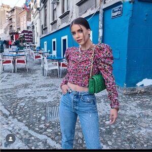 Zara Puff Shoulder ruched floral blouse large